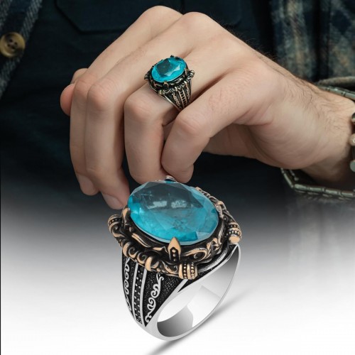 okyanus mavisi paraiba taşlı 925 ayar gümüş erkek yüzük