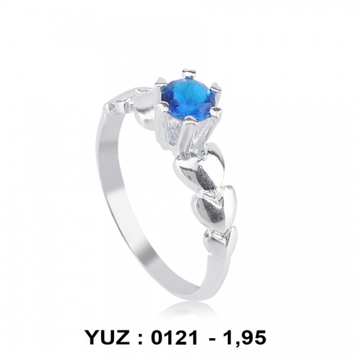 Safir Taşlı Kalpli Tektaş Rodyumlu Yüzük