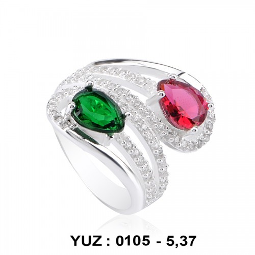 Yakut ve Zümrüt Glass Taşlı Rodyumlu Fantazi Yüzük