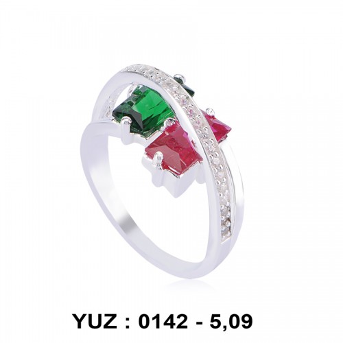Yakut ve Zümrüt Glass Taşlı Rodyumlu Yüzük