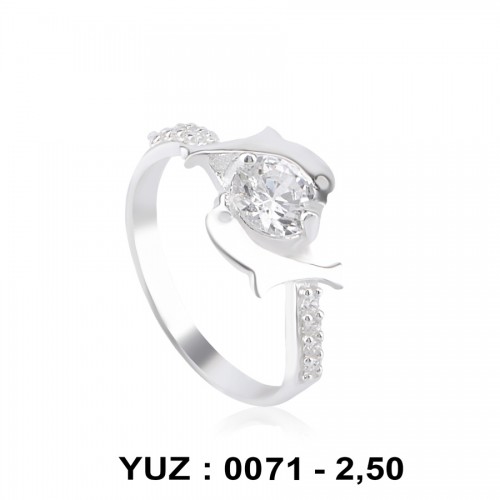 Yunus Balığı Motifli Beyaz Zirkon Taşlı Rodyumlu Yüzük