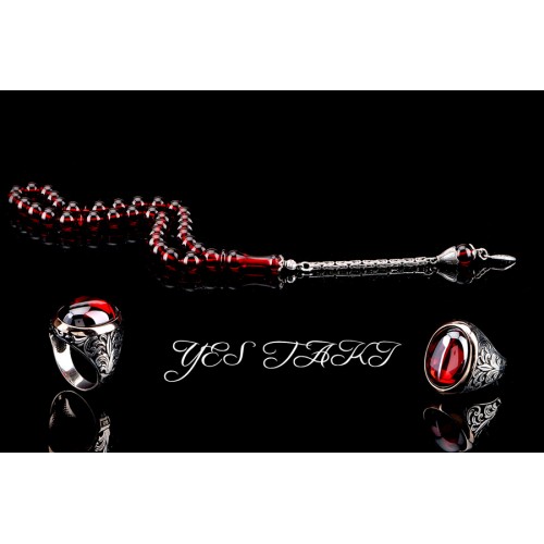 925 ayar gümüş püsküllü özel işçilikli ateş kehribar ve kırmızı zirkon taşlı erkek yüzük