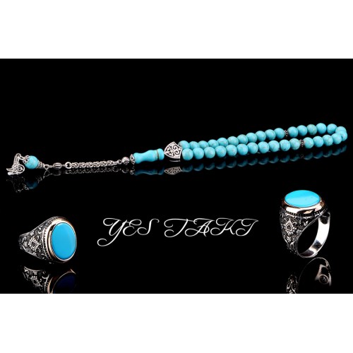 925 ayar gümüş püsküllü özel işçilikli firuze tesbih ve firuze taşlı erkek yüzük