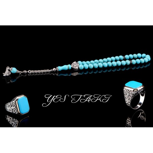 925 ayar gümüş püsküllü özel işçilikli firuze tesbih ve firuze taşlı erkek yüzük