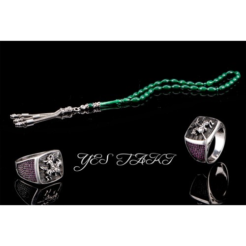 Püsküllü özel işçilikli toz kehribar ve kırmızı ruby zirkon taşlarla işlemeli ok atan savaşçı erkek yüzük