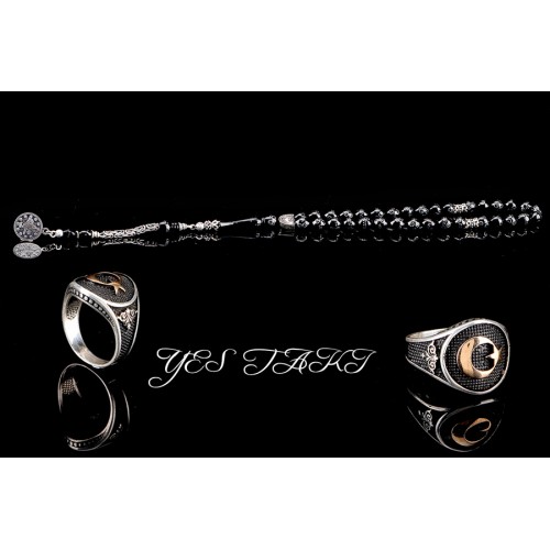 925 ayar gümüş süper işçilikli işlemeli kuka tesbih ve ay yıldızlı erkek yüzük