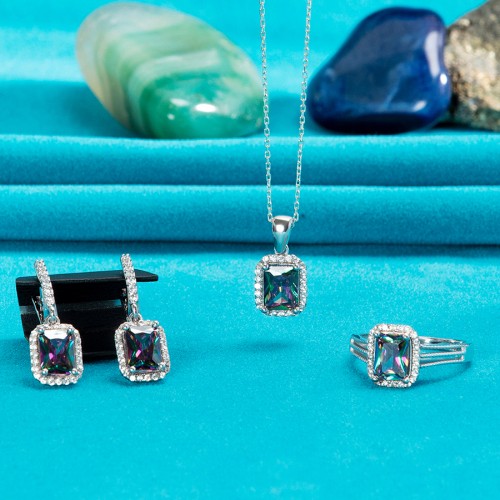 Mistik topaz pırlanta baget set 925ayar gümüş harika zarif